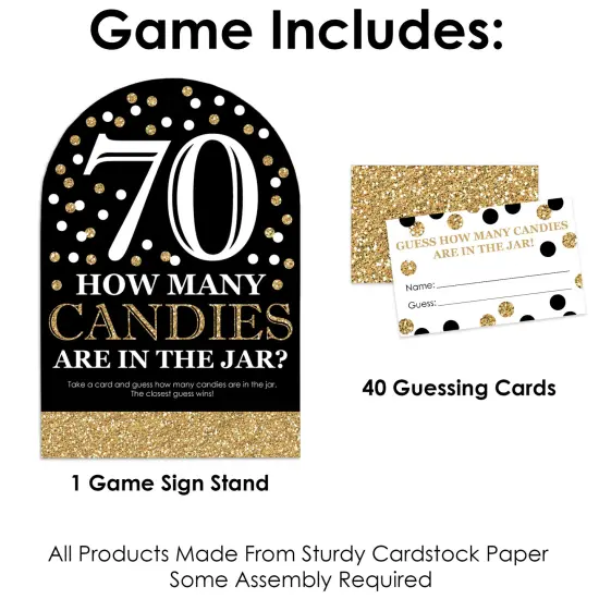 Big Dot of Happiness Adult 70th Birthday - Gold - How Many Candies Birthday Party Game - 1 Stand and 40 Cards - Candy Guessing Game {4}