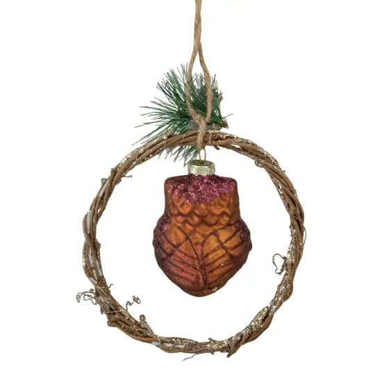 Northlight Glittered Owl in a Twig Wreath Glass Christmas Ornament - 5.25" -Brown {6}