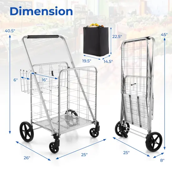 Folding Shopping Cart With Waterproof Liner Wheels And Basket-silver {5}