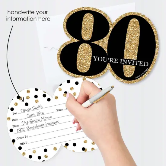 Big Dot of Happiness Adult 80th Birthday - Gold - Shaped Fill-In Invitations - Birthday Party Invitation Cards with Envelopes - Set of 12 {3}