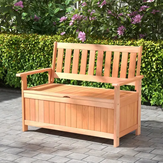 Patio Hardwood Storage Bench With Slatted Backrest {6}