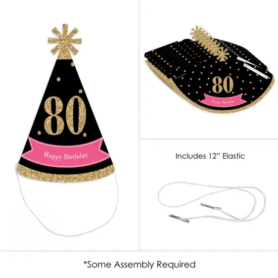 Big Dot of Happiness Chic 80th Birthday - Pink, Black and Gold - Cone Happy Birthday Party Hats for Adults - Set of 8 (Standard Size) {7}