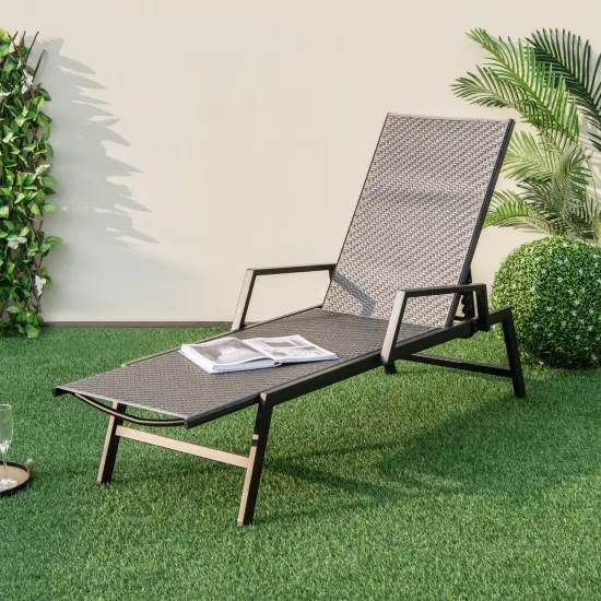 Outdoor Rattan Chaise Lounge Reclining Chair With Armrests And 5-position Backrest-Brown {2}