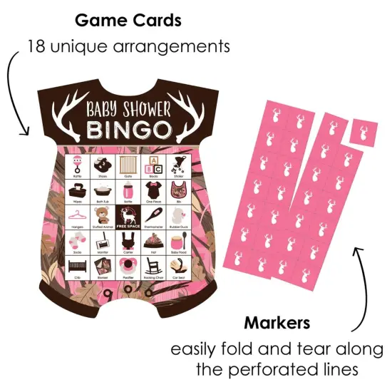 Big Dot of Happiness Pink Gone Hunting - Picture Bingo Cards and Markers - Deer Hunting Girl Camo Baby Shower Shaped Bingo Game - Set of 18 {3}
