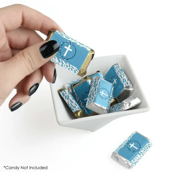 Big Dot of Happiness Blue Elegant Cross - Mini Candy Bar Wrapper Stickers - Boy Religious Party Small Favors - 40 Count {3}