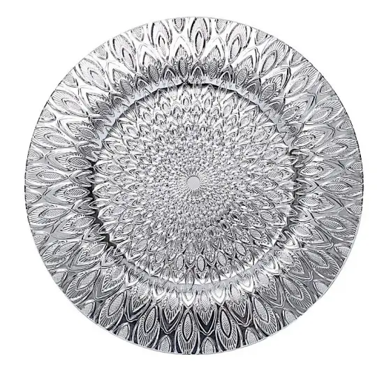 SILVER 6 Plastic 13" Round CHARGER PLATES Embossed Peacock Pattern {1}