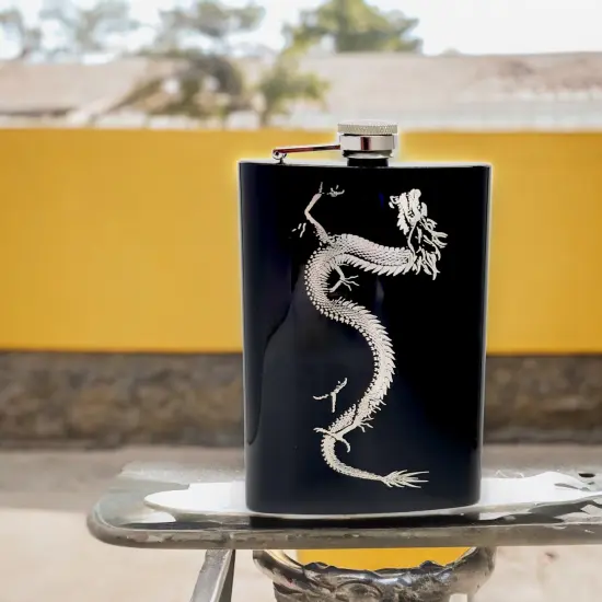 8oz BLACK Chinese Dragon Flask {2}