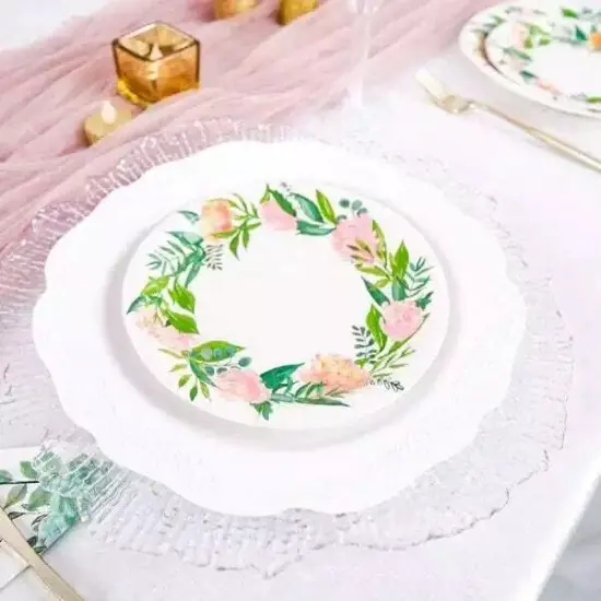 25 White 7" Round Paper Plates with Flower Wreath Design {2}
