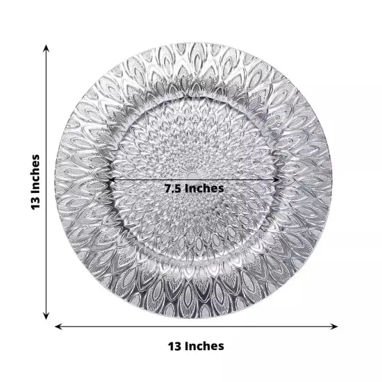 SILVER 6 Plastic 13" Round CHARGER PLATES Embossed Peacock Pattern {3}