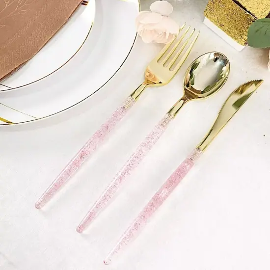 24 BLUSH 8.5" Plastic Cutlery with Gold Glittered Handle {5}