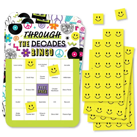 Big Dot of Happiness Through the Decades - Bingo Cards and Markers - 50s, 60s, 70s, 80s, and 90s Party Bingo Game - Set of 18 {1}