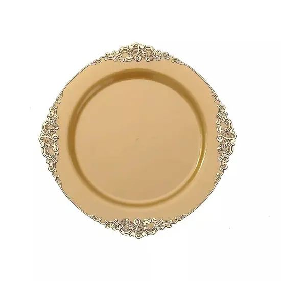 10 GOLD 10" Round Plastic Salad Dinner PLATES Embossed Baroque {1}
