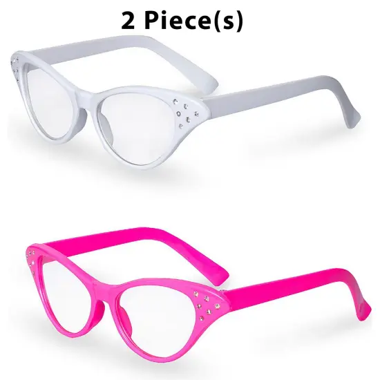 Big Mo's Toys Pink and White Cat Eye Retro Costume Dress Up Rhinestone Glasses {1}
