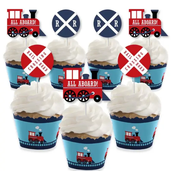 Big Dot of Happiness Railroad Party Crossing - Cupcake Decoration - Steam Train Party Cupcake Wrappers and Treat Picks Kit - Set of 24 {1}