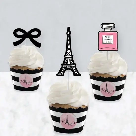 Big Dot of Happiness Paris, Ooh La La - Cupcake Decoration - Paris Themed Baby Shower or Birthday Party Cupcake Wrappers & Treat Picks Kit - Set of 24 {4}