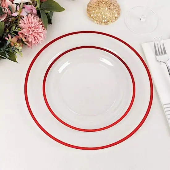 CLEAR 10 Round 7" Plastic SALAD PLATES Red Rim {4}