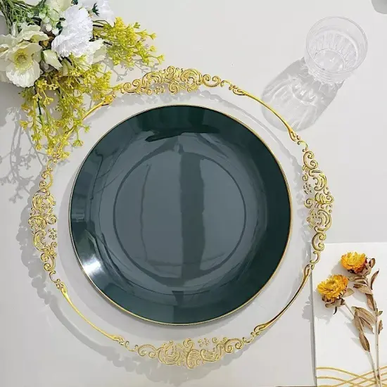 HUNTER GREEN 10 Glossy 10" Round Plastic Salad PLATES Gold Rim {3}