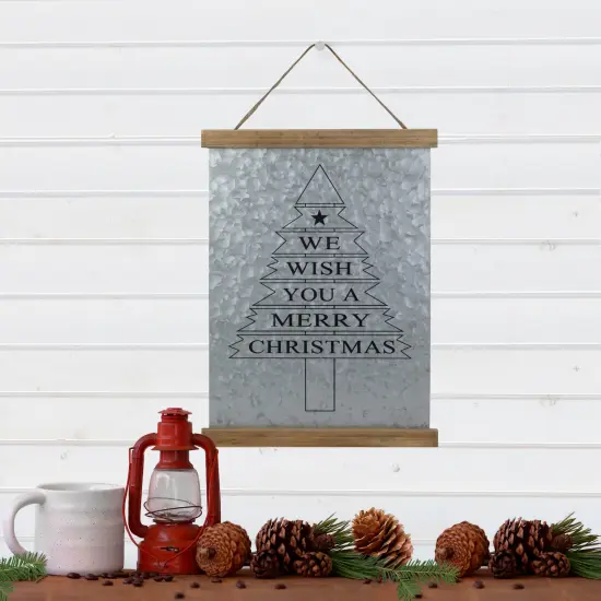 Northlight 16" We Wish You a Merry Christmas Galvanized Sheet Metal Hanging Wall Sign Silver {4}