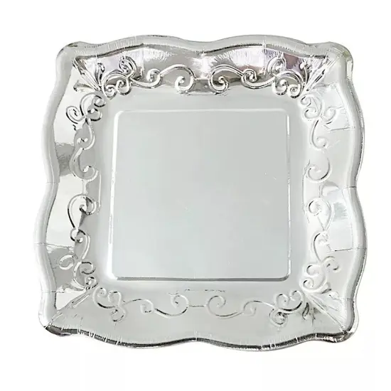 25 SILVER 11" Square Paper Dessert Dinner PLATES Scroll Design {1}