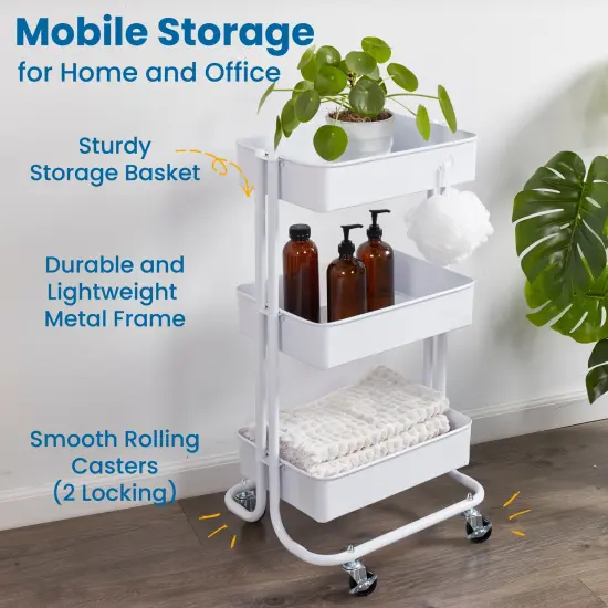 3-Tier Metal Rolling Utility Cart, Mobile Storage Organizer White {3}