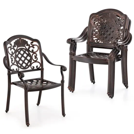 Patio Cast Aluminum Dining Chairs Set Of 2 Metal Armchairs Stackable-Copper {4}