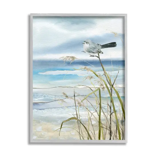 Stupell Industries Bird & Abstract Beach Framed Giclee Art Gray Frame {1}