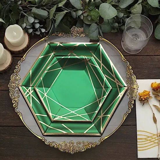 25 Hunter Green 7" Hexagon Paper Salad Dinner Plates Gold Trim {3}