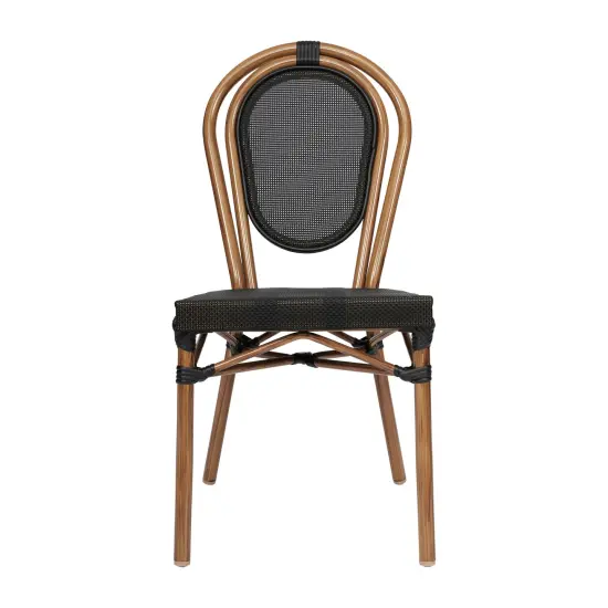 Merrick Lane Mael Stacking Thonet Bistro Style Chair with Textilene Seat and Bamboo Finished Metal Frame for Indoor/Outdoor Use Black&White/LightNat {12}