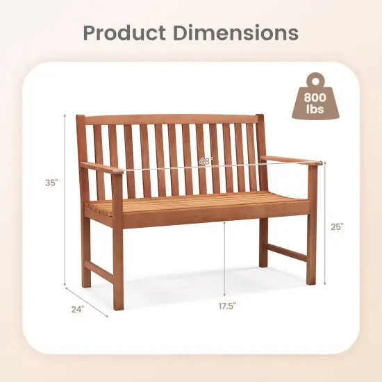 2-seat Patio Wood Bench with Cozy Armrests and Slatted Backrest {4}