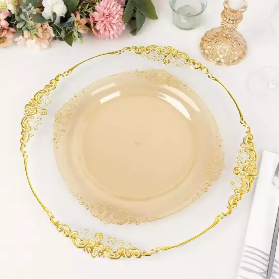 10 TRANSPARENT GOLD 10" Round Plastic Salad Dinner PLATES {2}