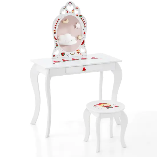 2 In 1 Children Pretend Makeup Vanity Set With Removable Mirror And Storage Drawer-White {3}