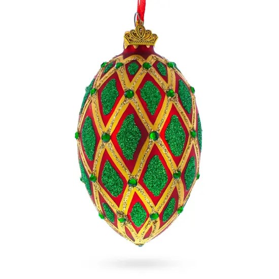 Jeweled Green IKAT on Red Glass Egg Christmas Ornament 4 Inches {1}