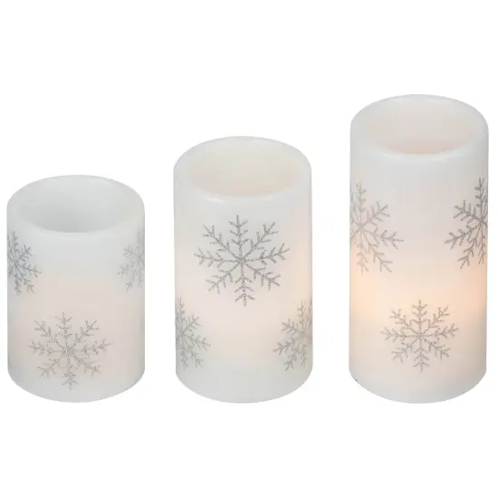 Northlight LED Flameless Flickering Wax Pillar Snowflake Christmas Candles - 6" - Set of 3 White {6}