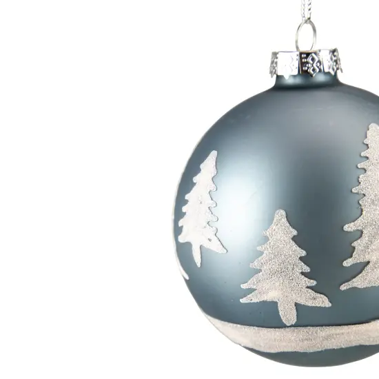 Northlight 4" Slate Blue with Glittered Trees Glass Ball Christmas Ornament {5}