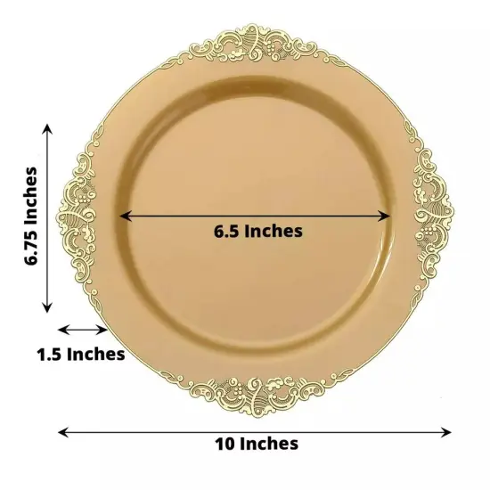10 GOLD 10" Round Plastic Salad Dinner PLATES Embossed Baroque {4}