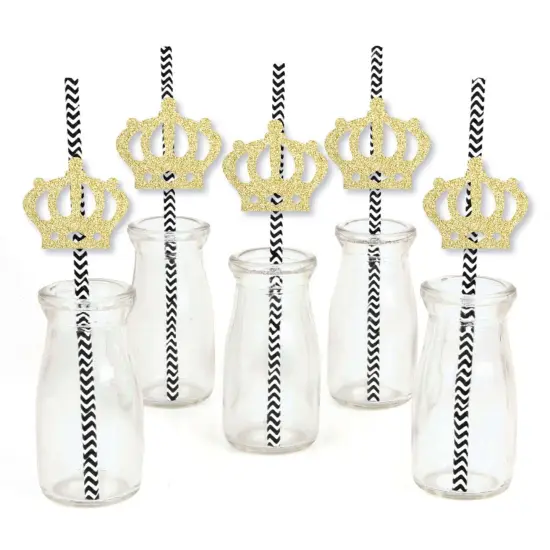 Big Dot of Happiness Gold Glitter Prince Crown Party Straws - No-Mess Real Glitter Cut-Outs & Baby Shower or Birthday Party Paper Straws - Set of 24 {3}