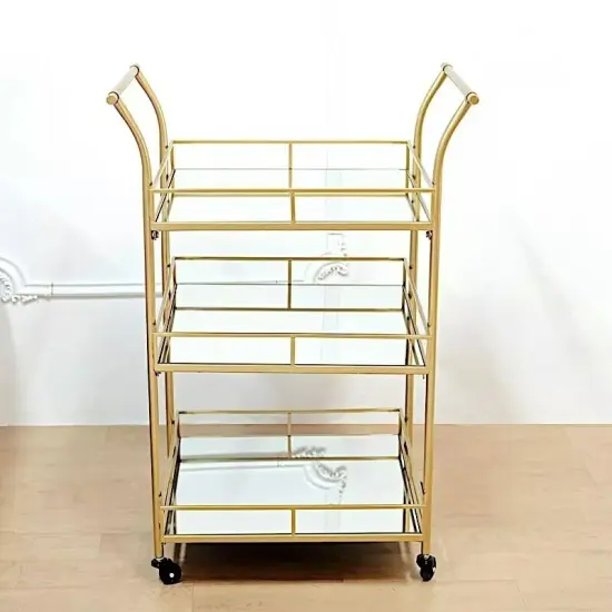 GOLD 3ft tall 3-Tier Rectangular Metal Bar Cart Mirror Glass Serving Trays {4}