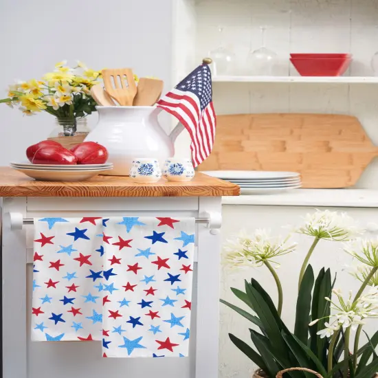 Watercolor Red White and Blue Stars & Stripes 4th of July Kitchen Towel Set of 2 {5}