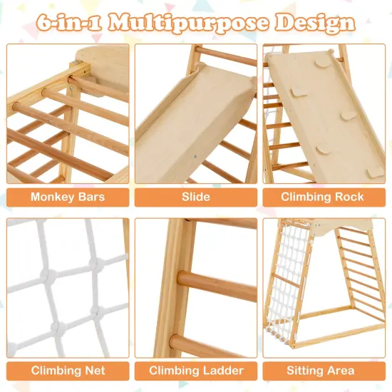 6-in-1 Jungle Gym Wooden Indoor Playground With Double-sided Ramp And Monkey Bars-natural {5}