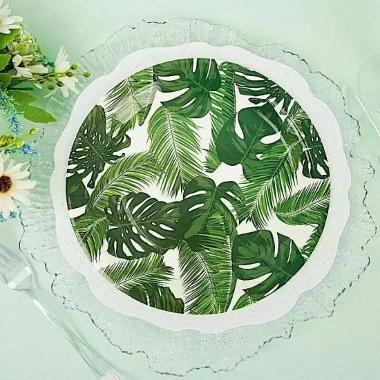 25 WHITE 9" Round Paper Plates with TROPICAL Leaves Design {1}