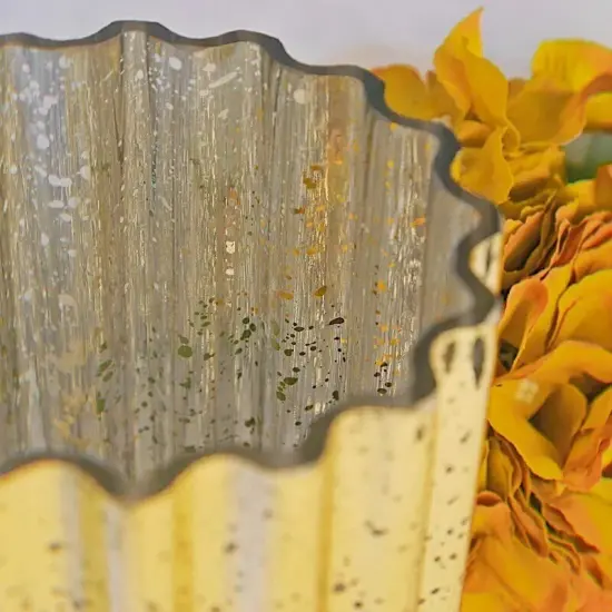 GOLD 9" Wavy Design Mercury GLASS Hurricane CANDLE HOLDER {2}