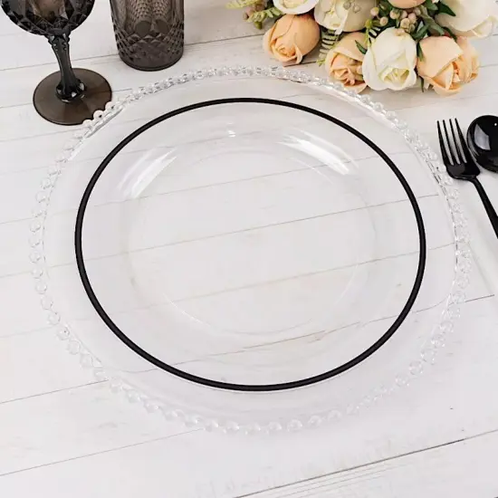 CLEAR 10 Round 10" PLASTIC Dinner PLATES Black Rim {3}