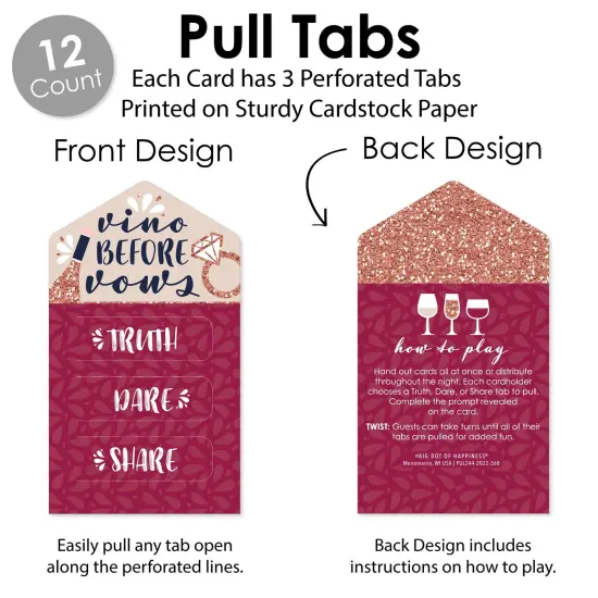 Big Dot of Happiness Vino Before Vows - Winery Bridal Shower or Bachelorette Party Game Pickle Cards - Truth, Dare, Share Pull Tabs - Set of 12 {4}