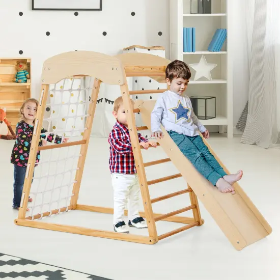 6-in-1 Jungle Gym Wooden Indoor Playground With Double-sided Ramp And Monkey Bars-natural {2}