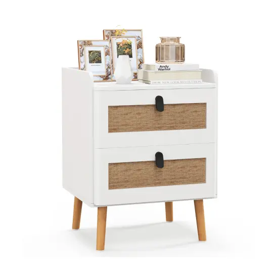 Modern End Table Bedside Table With 2 Rattan Decorated Drawers {3}