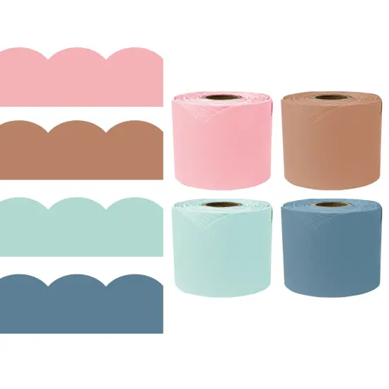 Carson Dellosa 260Ft Rolled Modern Boho Bulletin Board Border Set, 4 Pack of Scalloped Border Trim, Brown, Blue, Green and Pink Bulletin Board Borders for White Board, Cork Board, Boho Classroom D&eacute;cor {1}