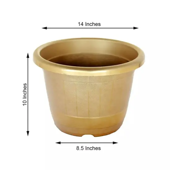 GOLD 10" PLASTIC FLOWER PLANT POT Metallic Barrel Design {4}