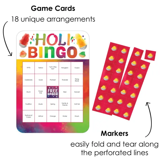 Big Dot of Happiness Holi Hai - Bingo Cards and Markers - Festival of Colors Party Shaped Bingo Game - Set of 18 {3}