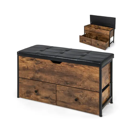 Storage Ottoman Bench With Padded Seat Cushion And 2 Drawers For Entryway-brown {3}