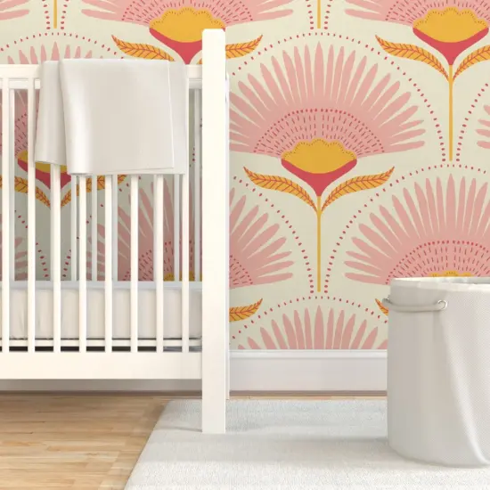 Pre-Pasted Wallpaper 2FT Wide Jumbo Palms Art Deco Palm Mid Century Blush Pink Mustard Beige Geometric Scallops Scales Large Scale Custom Pre-pasted Wallpaper by Spoonflower {7}